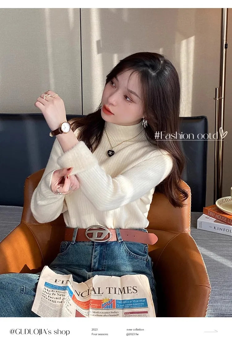 Sweater For Women Winter Thicken Turtleneck Slim Knit Pullover New Warm Plush Velvet Lined Knitwear Jumper Tops Casual Poleras