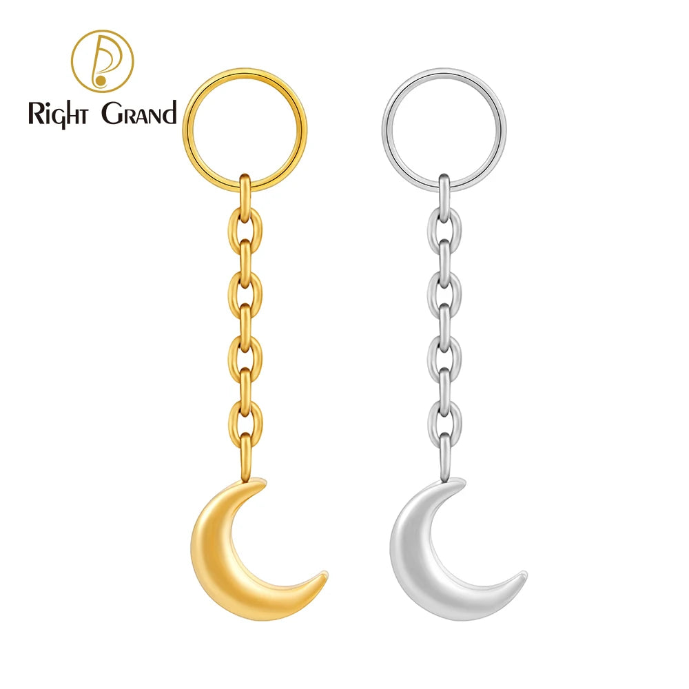 Right Grand ASTM F136 Titanium Tiny Moon Dangle Charm Earring Drop Chain Celestial Cartilage Helix Lobe Conch Clicker Connector