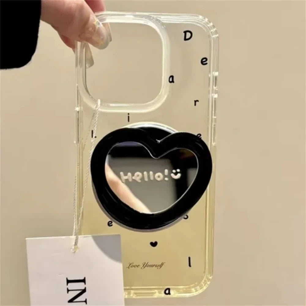 Korean Cute 3D Love Heart Makeup Mirror for Magsafe Griptok Holder Phone Finger Ring Stand Support for IPhone 17 16 Girl Bracket