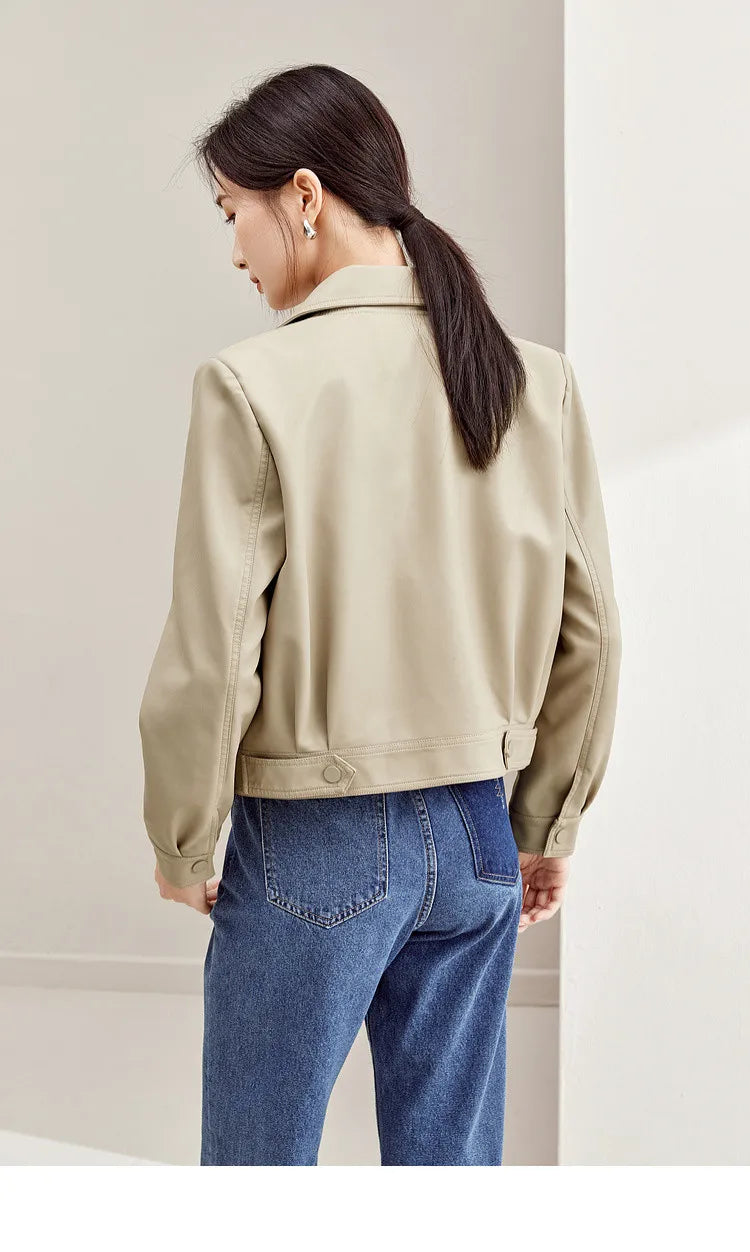 SENTUBILA Cropped Pu Leather Bomber Jacket Women 2026 Autumn Winter Vintage Lapel Zip Up Faux Leather Jacket Motorcycle Coats