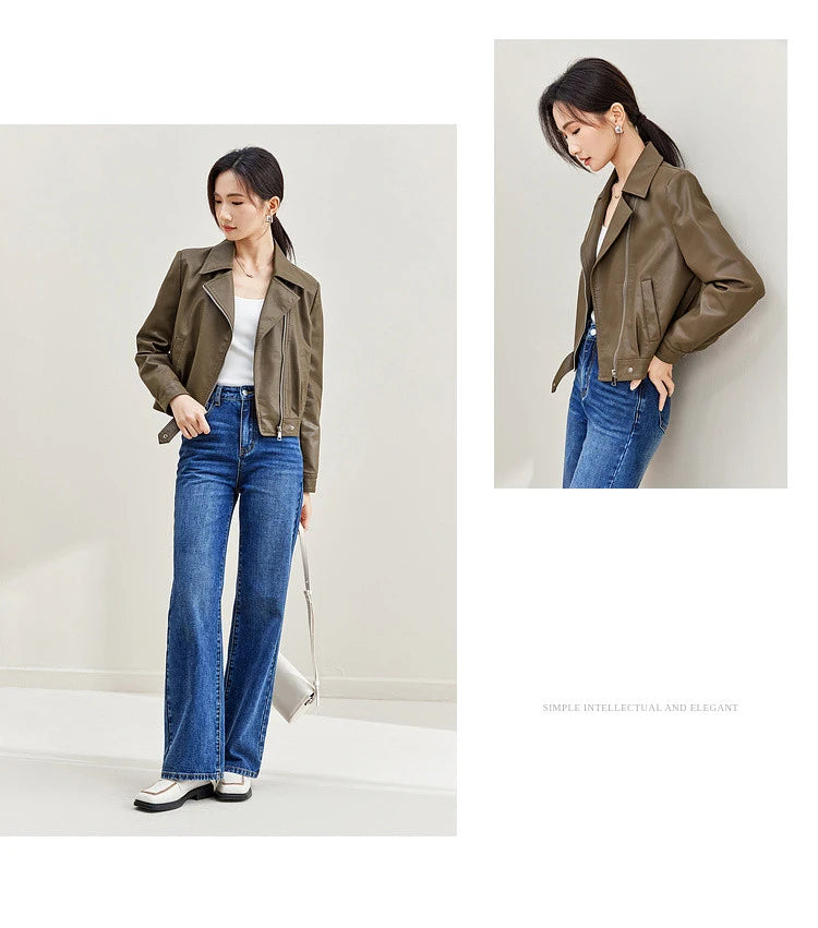 SENTUBILA Cropped Pu Leather Bomber Jacket Women 2026 Autumn Winter Vintage Lapel Zip Up Faux Leather Jacket Motorcycle Coats