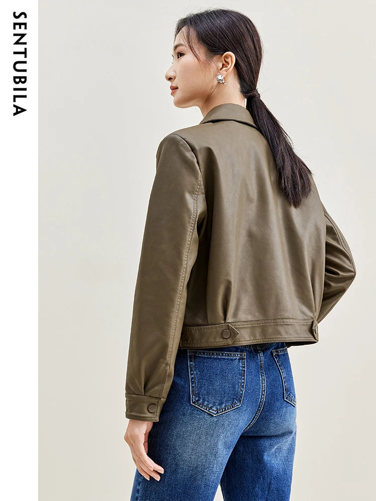 SENTUBILA Cropped Pu Leather Bomber Jacket Women 2026 Autumn Winter Vintage Lapel Zip Up Faux Leather Jacket Motorcycle Coats