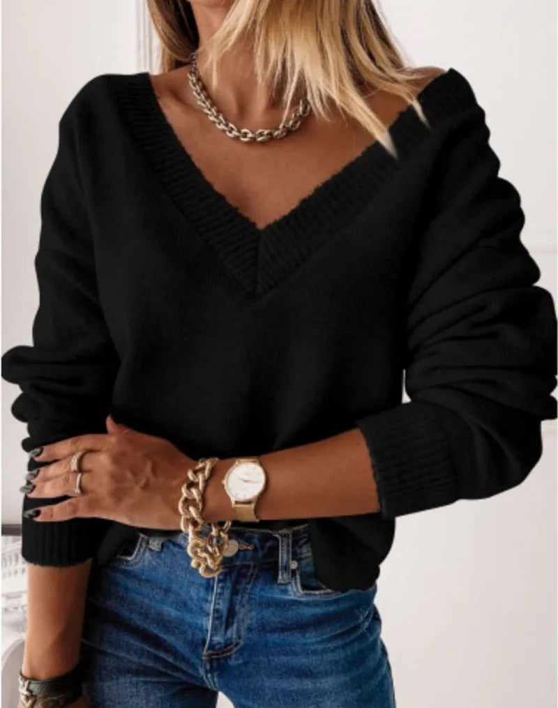 Sweater Women Pullover Knitting Top Jumper V Neck Solid Color Thick Knitwear 2025 Autumn Winter Knitted Tops Office Lady Casual