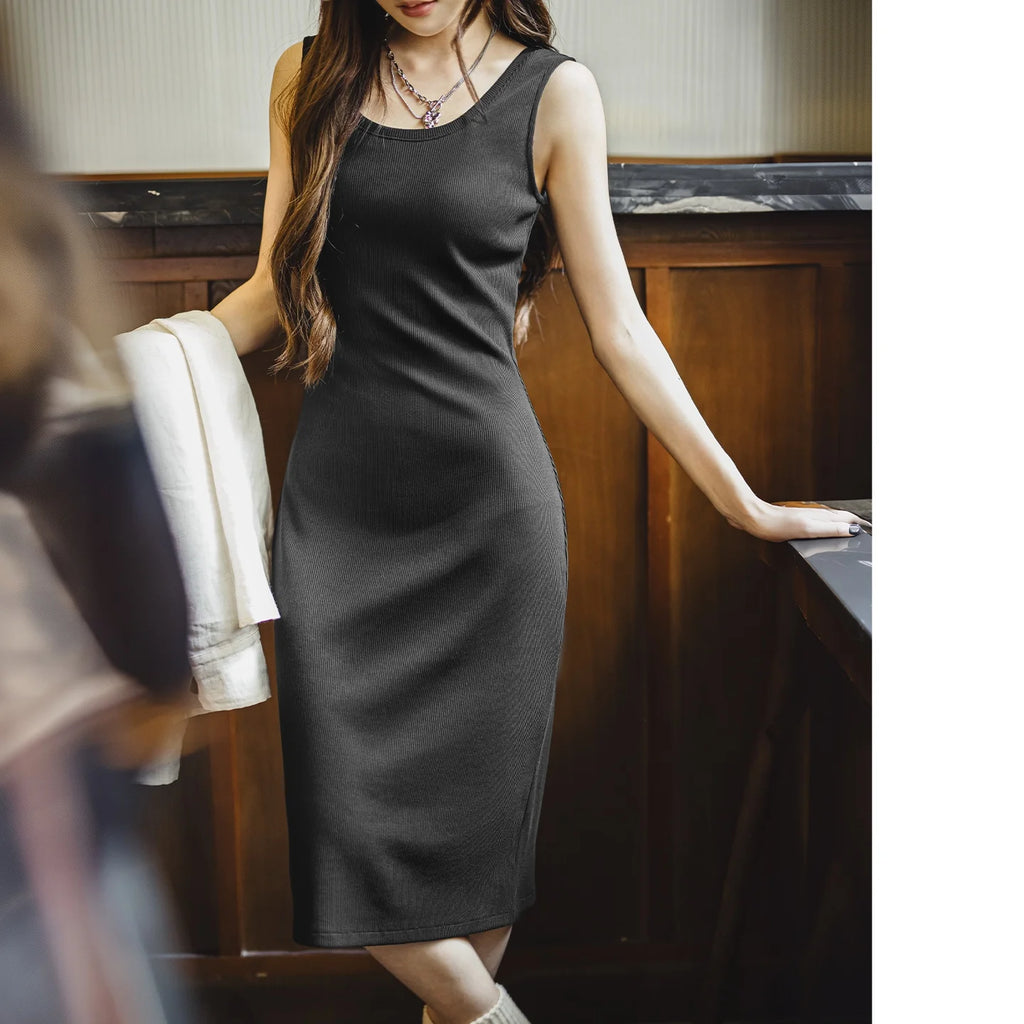 Maden Women's U Square Neck Wide Strap Tank Dress Sleeveless Camisole Waist Cinch Slim Fit Elegant Casual Summer Daily Summer