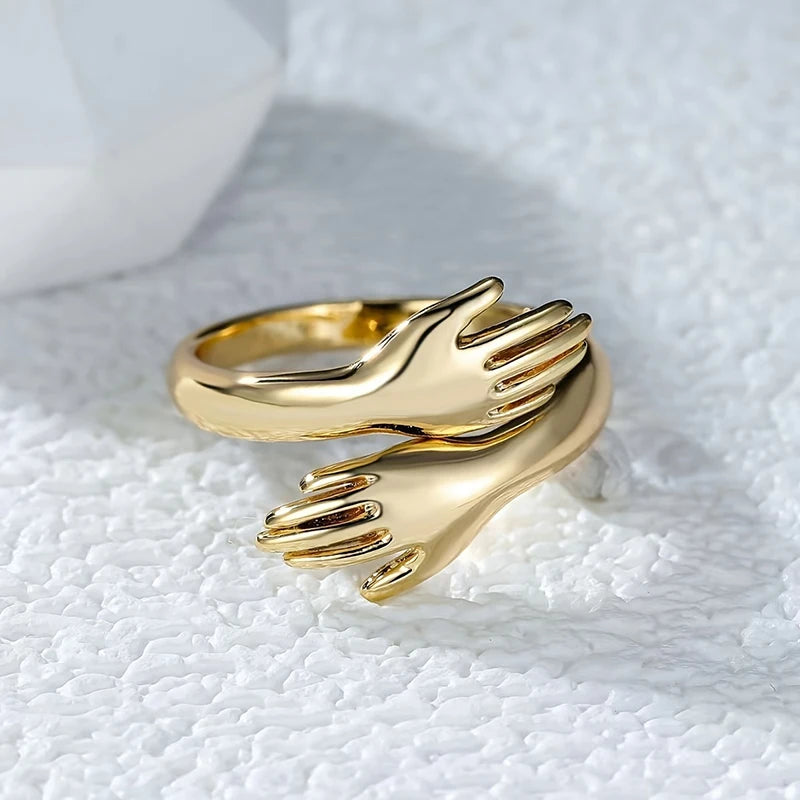 Huitan Adjustable Open Hug Rings Gold Color Hands Embrace Finger Ring Romantic Love Promise Jewelry Gift for Women Drop Shipping
