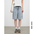 CHIC VEN Fashion Women Shorts Mid-length Blue New Dividing Line Design Retro Washed Cotton Straight Leg Short Jeans Summer 2026