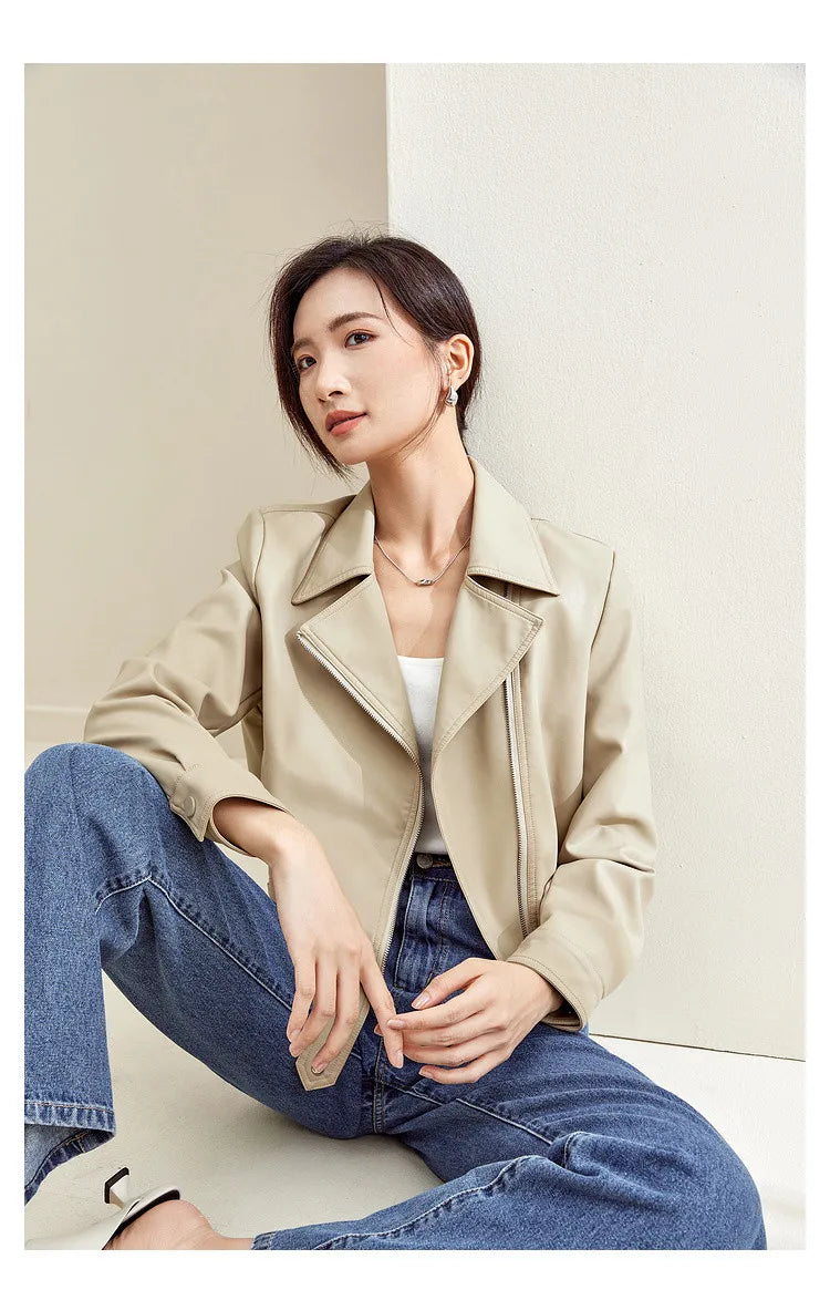 SENTUBILA Cropped Pu Leather Bomber Jacket Women 2026 Autumn Winter Vintage Lapel Zip Up Faux Leather Jacket Motorcycle Coats