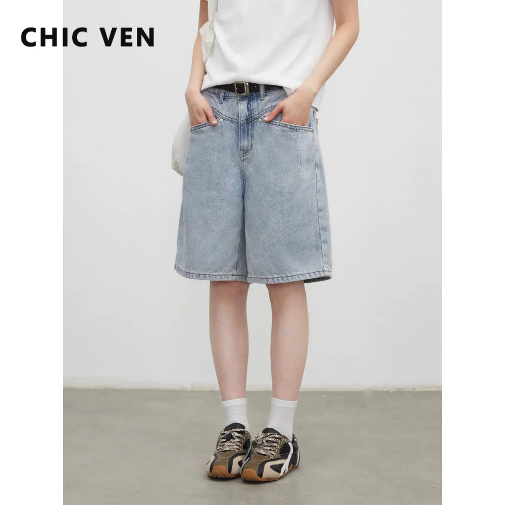 CHIC VEN Fashion Women Shorts Mid-length Blue New Dividing Line Design Retro Washed Cotton Straight Leg Short Jeans Summer 2026