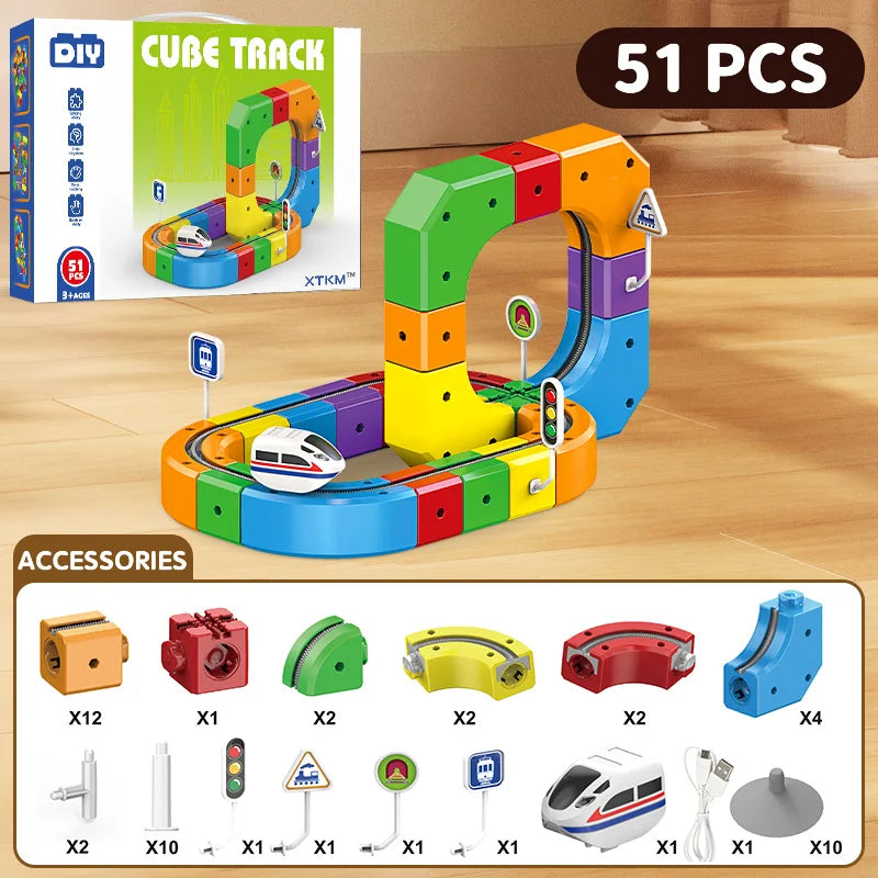 Magic Rail Car Cube Toys for Kids DIY Assembly Magic Electronic Track Train Construction Children Educational Toy Christmas Gift