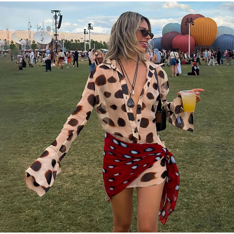 Sexy Leopard Women's Dress Full Sleeve Turn-down Collar Single Breasted Print Scarf Mini Dress 2026 Summer Chic Female Robe