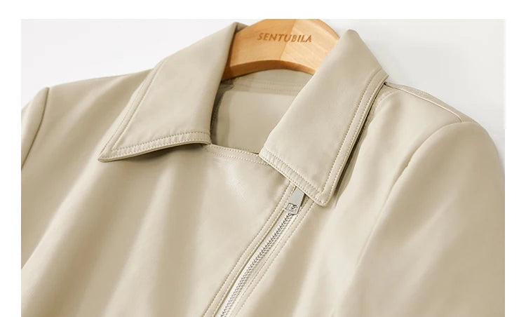 SENTUBILA Cropped Pu Leather Bomber Jacket Women 2026 Autumn Winter Vintage Lapel Zip Up Faux Leather Jacket Motorcycle Coats