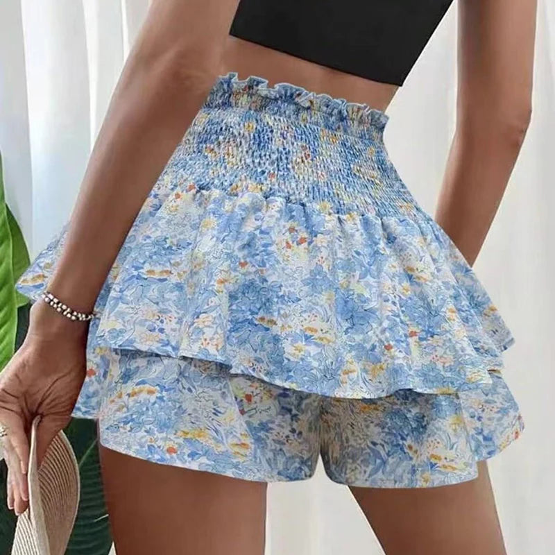 Fashion Florals Mini Skirt for Women Summer Casual Waist Shaping Ruffled Hem Short Skirt Woman Drawstring Wide Leg Half Skirts
