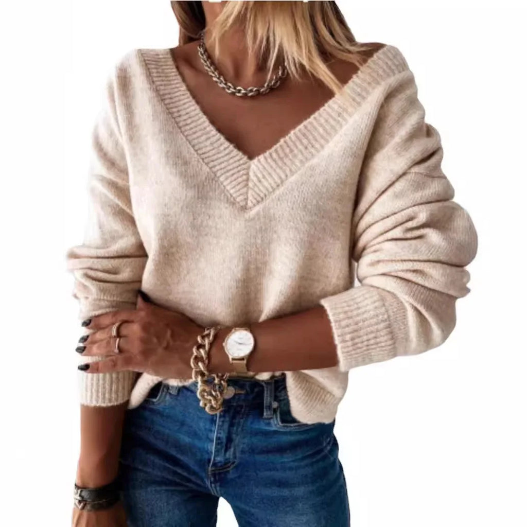 Sweater Women Pullover Knitting Top Jumper V Neck Solid Color Thick Knitwear 2025 Autumn Winter Knitted Tops Office Lady Casual