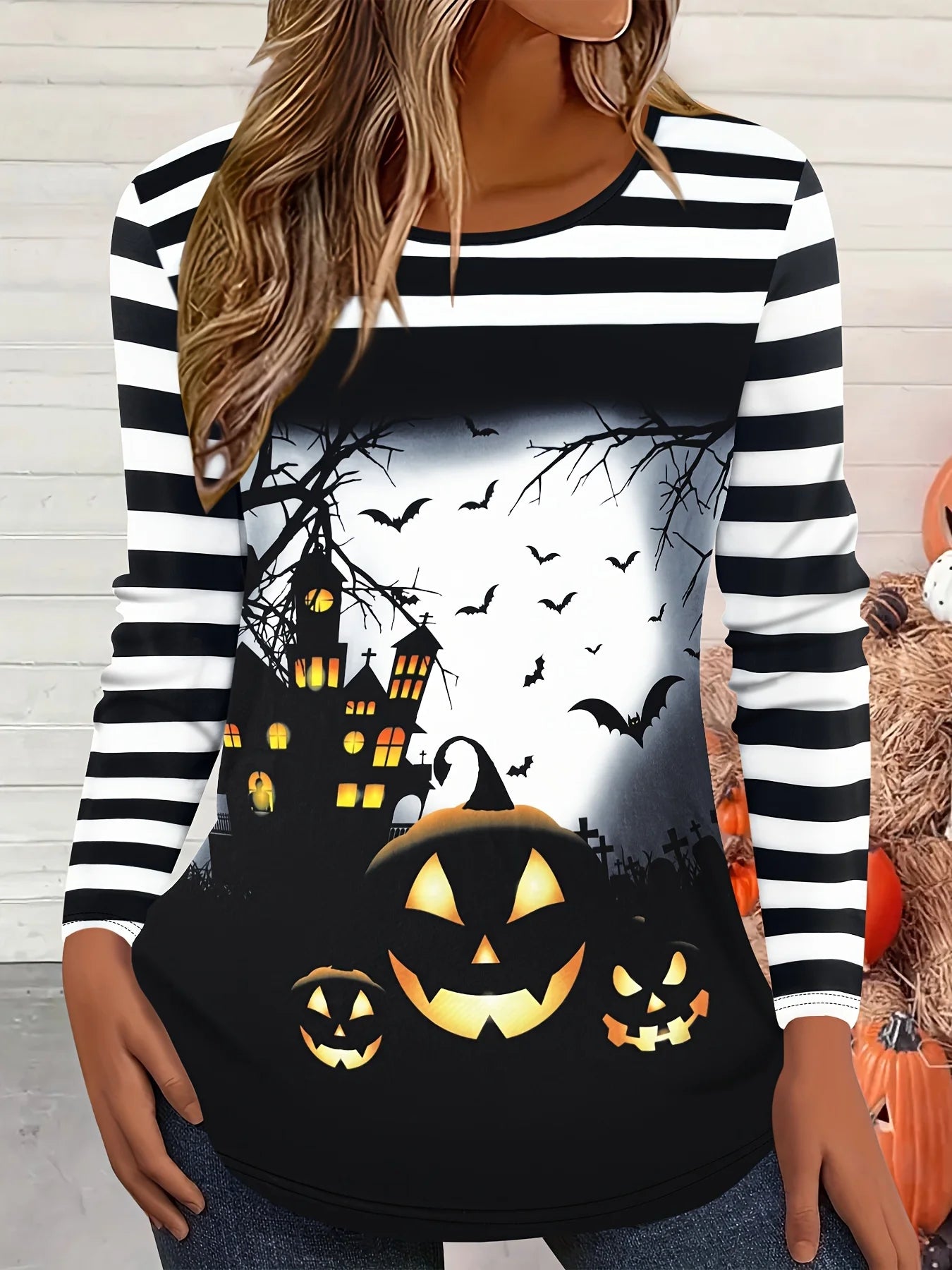 Halloween Women Sweatshirt Designer Round Neck Long Sleeve Loose Casual Autumn Gradient Spider Web Fun Pattern Print Tops
