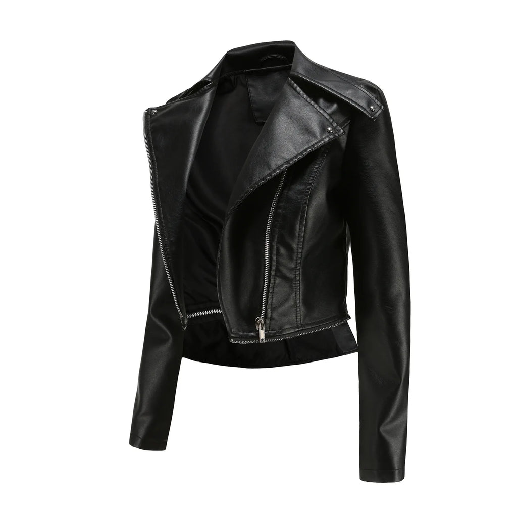 Women Faux Leather Coat Turn Down Collar Full Sleeve Jackets Zipper Casual Splice Coats Short Jacket Sexy Slim Fit Autumn