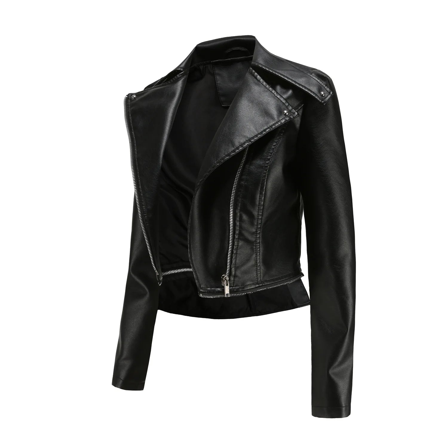 Women Faux Leather Coat Turn Down Collar Full Sleeve Jackets Zipper Casual Splice Coats Short Jacket Sexy Slim Fit Autumn
