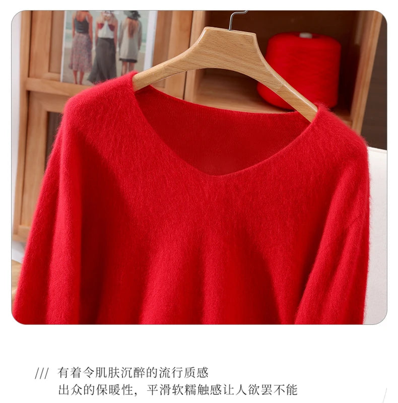 Fall/Winter New Fashion Mink Cashmere Sweater Women's Knitted V-neck Long-Sleeved Slim Bottoming Coat