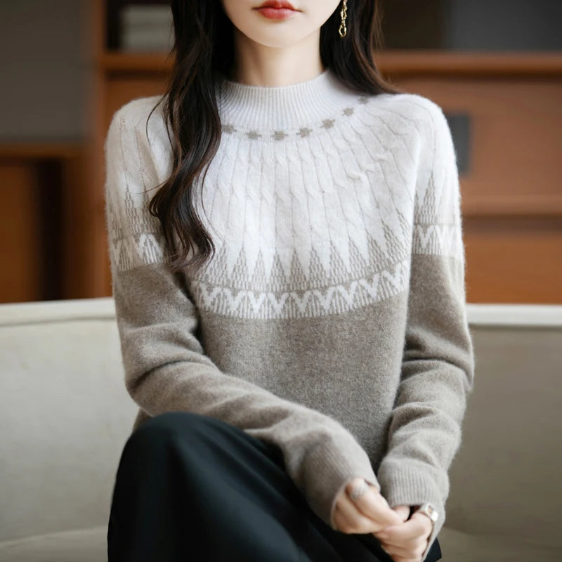 Autumn/Winter New Half High Neck Sweater 100% Wool Knitted Vintage Loose Fit Christmas Red Sweaters Chic Streetwear for Women