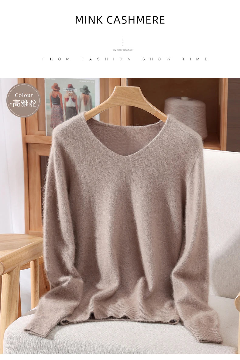 Fall/Winter New Fashion Mink Cashmere Sweater Women's Knitted V-neck Long-Sleeved Slim Bottoming Coat