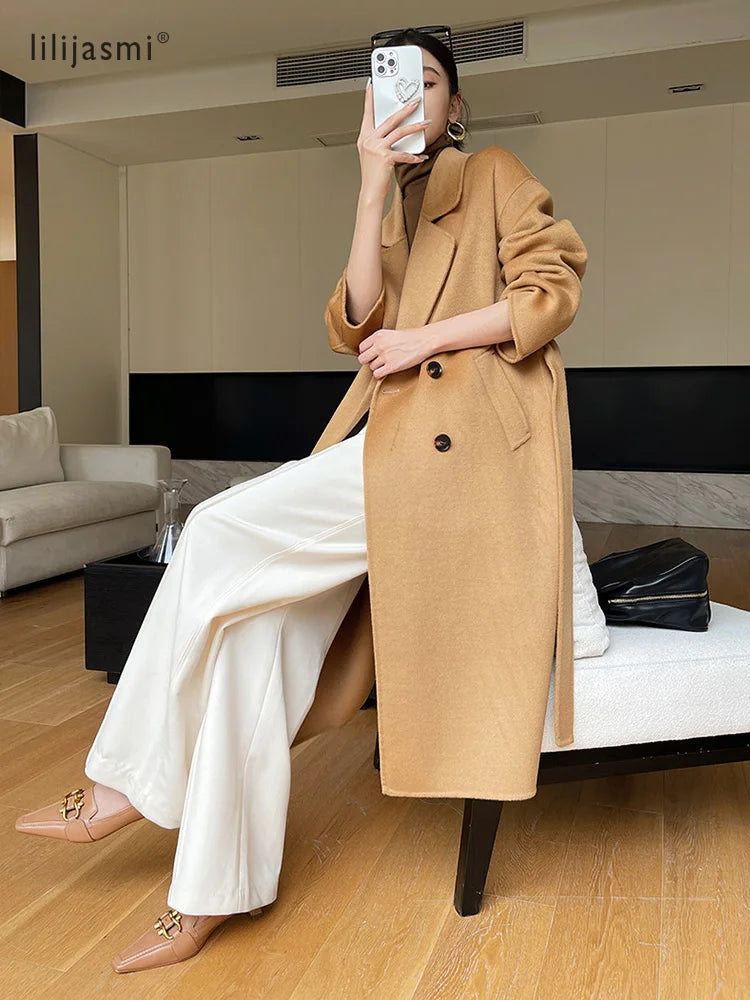 Notch Lapel Wool Coat Drop-Shoulder Women 100% Wool Loose Overcoat Double-Layers Autumn Winter Long Jacket Thick Trench Coat #24