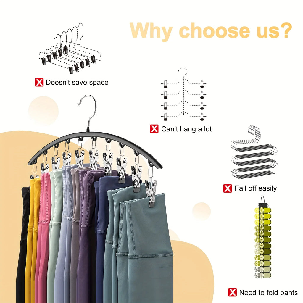 1pc Curved Shape Hanger, Metal Yoga Pants Hangers, Organizer For Closet, Pants Hanger With 10 Clothespins, Holds 10 Leggings