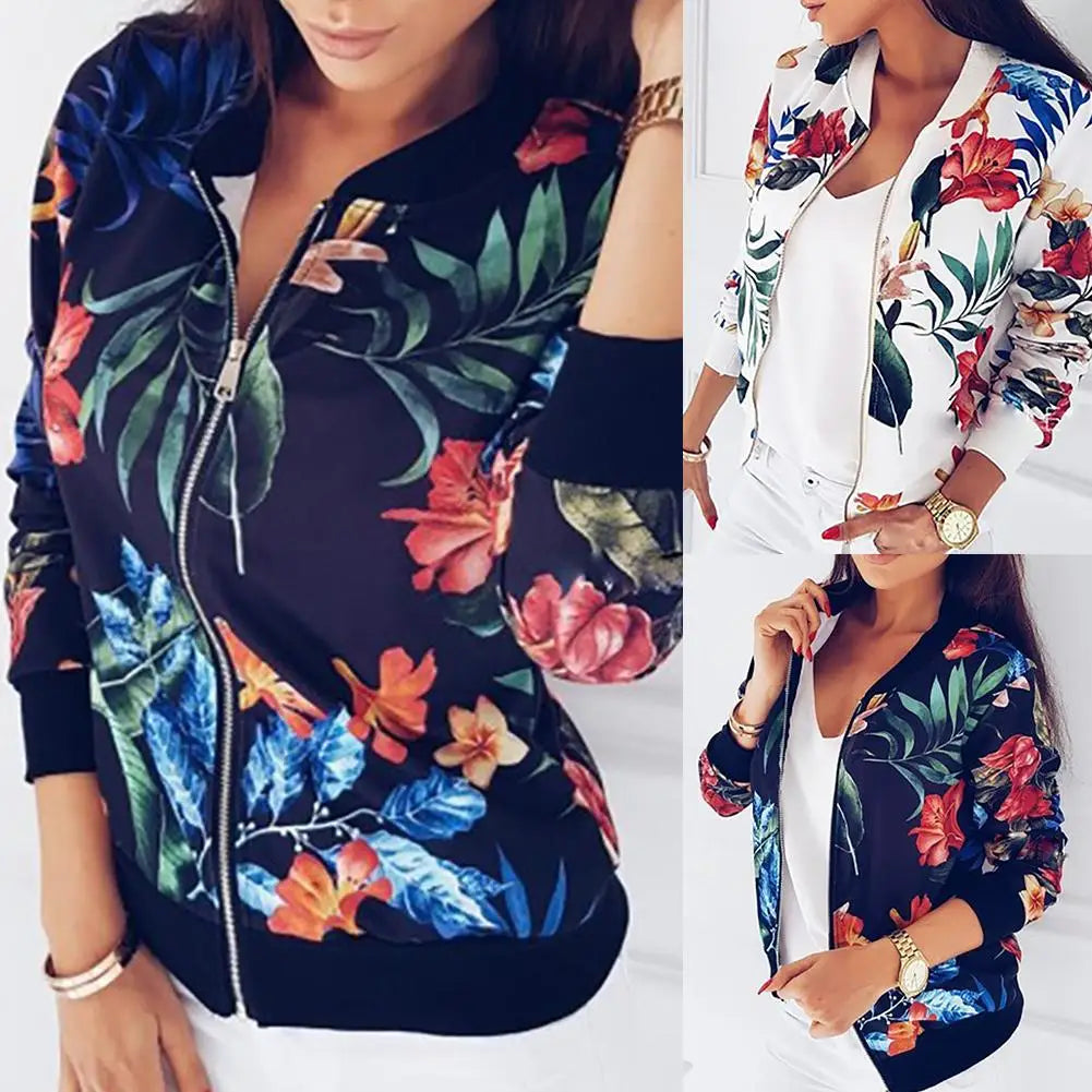Women Jacket Elegant Flower Leaves Print Sports Women Long Sleeve Baseball Jacket Zip Coat Autumn BomberJackets Women Clothing