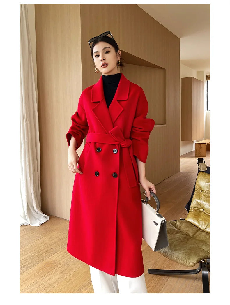 Notch Lapel Wool Coat Drop-Shoulder Women 100% Wool Loose Overcoat Double-Layers Autumn Winter Long Jacket Thick Trench Coat #24