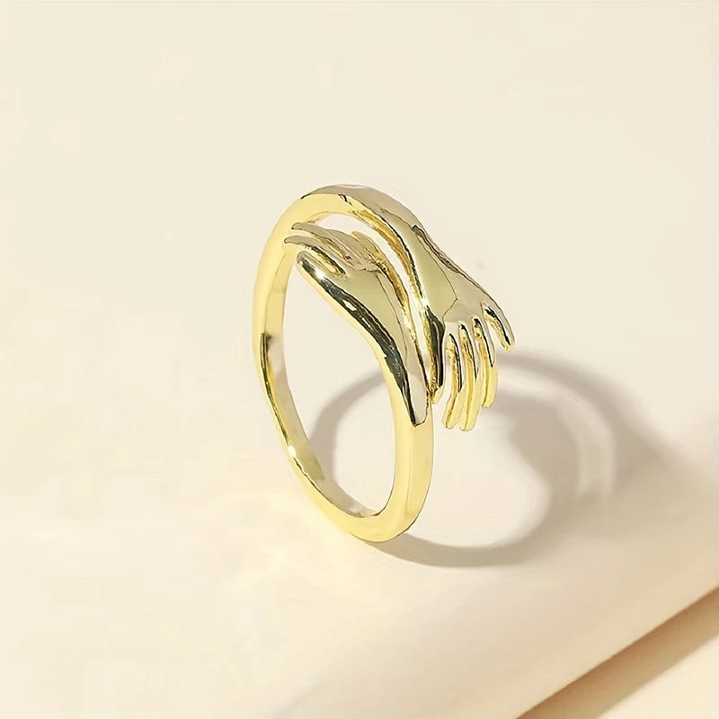 Huitan Adjustable Open Hug Rings Gold Color Hands Embrace Finger Ring Romantic Love Promise Jewelry Gift for Women Drop Shipping