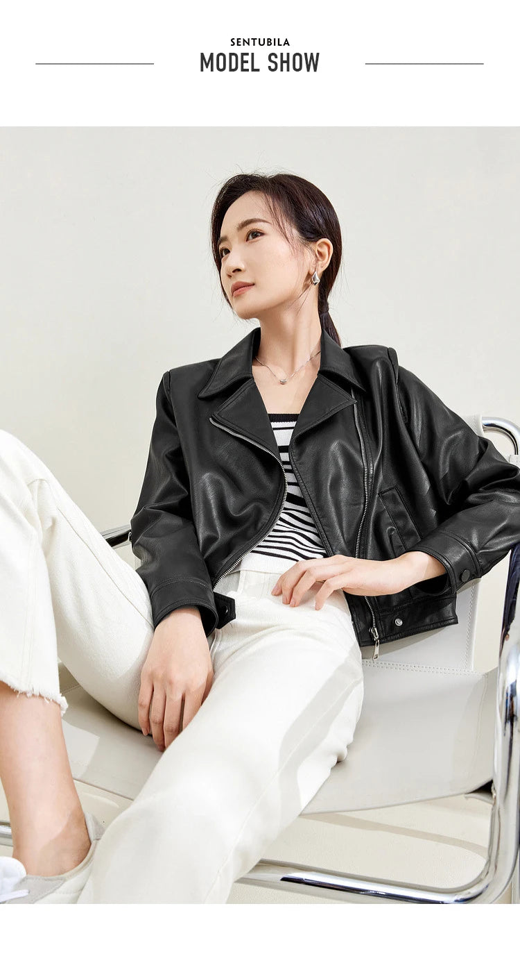 SENTUBILA Cropped Pu Leather Bomber Jacket Women 2026 Autumn Winter Vintage Lapel Zip Up Faux Leather Jacket Motorcycle Coats