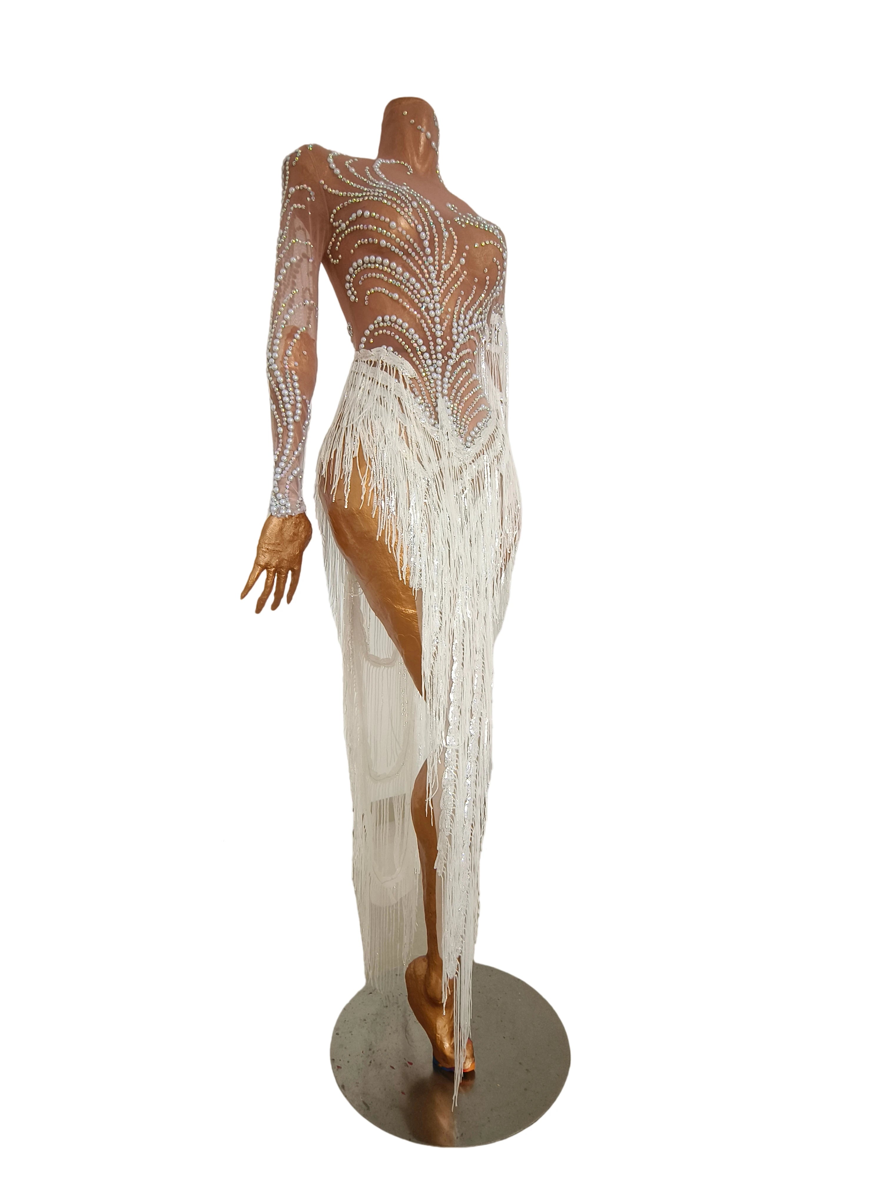 Silver Rhinestone Pearl Fringe Long Dress Birthday Celebrate Transparent Dresses Women Dancer Ballroom Dresses Competition