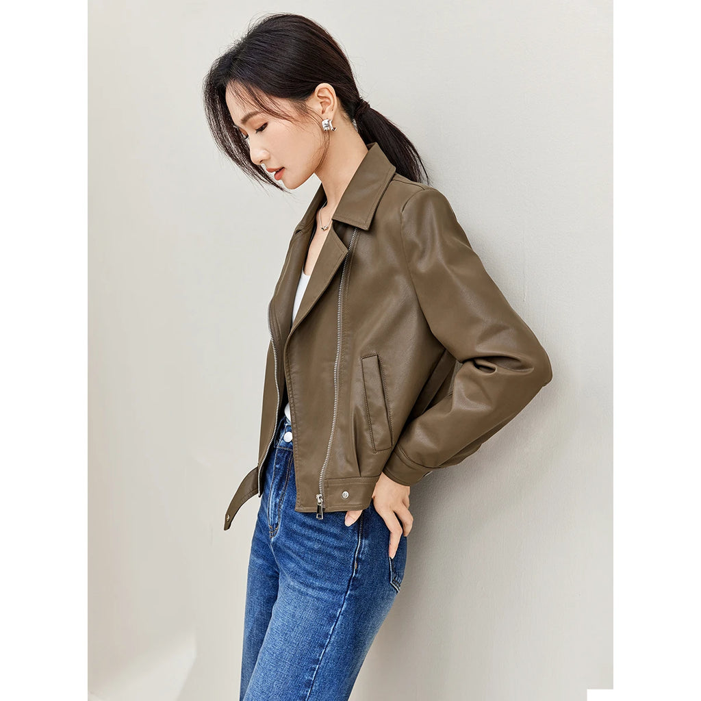 SENTUBILA Cropped Pu Leather Bomber Jacket Women 2026 Autumn Winter Vintage Lapel Zip Up Faux Leather Jacket Motorcycle Coats