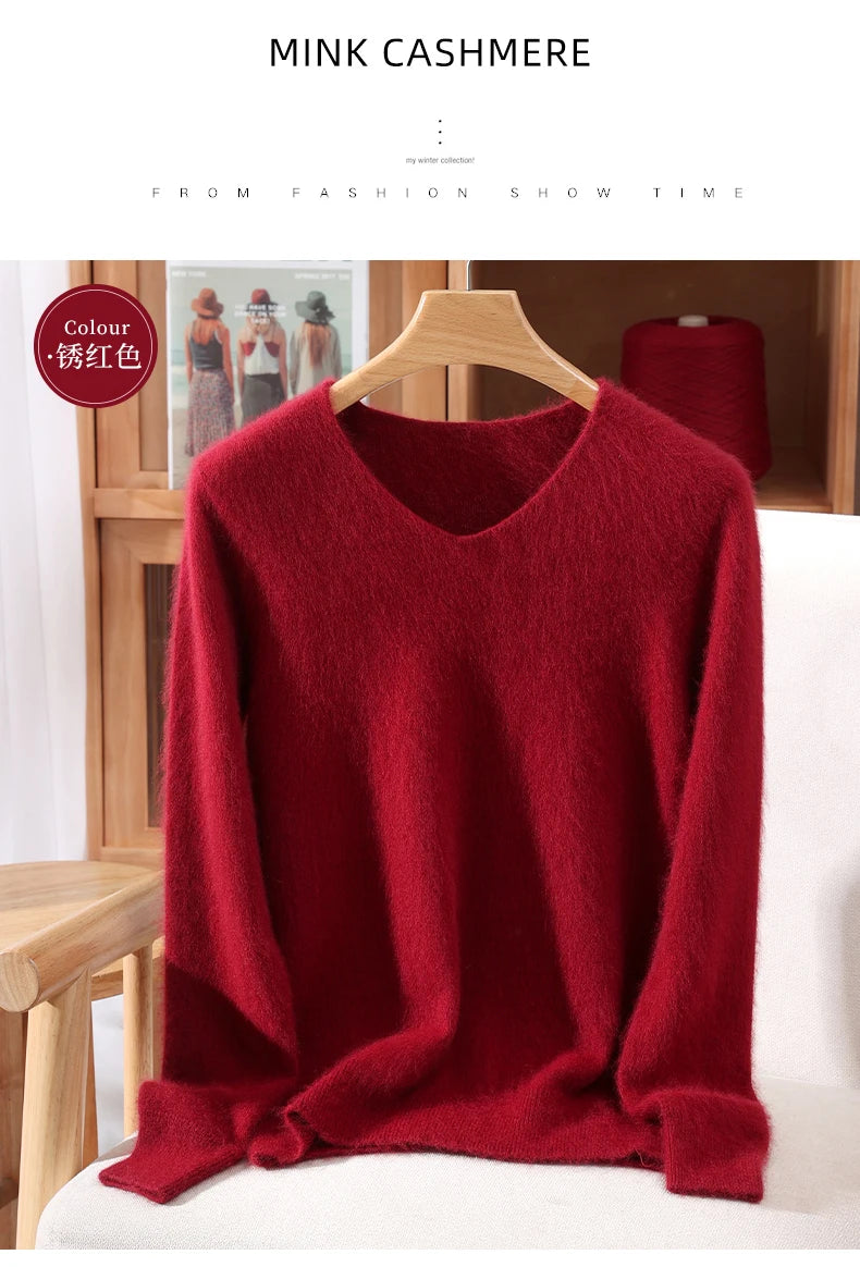Fall/Winter New Fashion Mink Cashmere Sweater Women's Knitted V-neck Long-Sleeved Slim Bottoming Coat