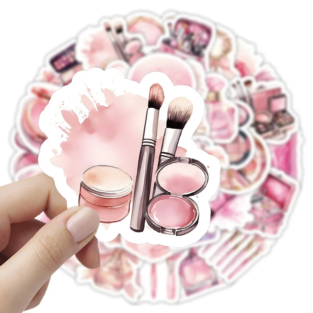 50Pcs Pink Cosmetics Sticker Ins Girl Heart Red Perfume Graffiti Waterproof Sticker