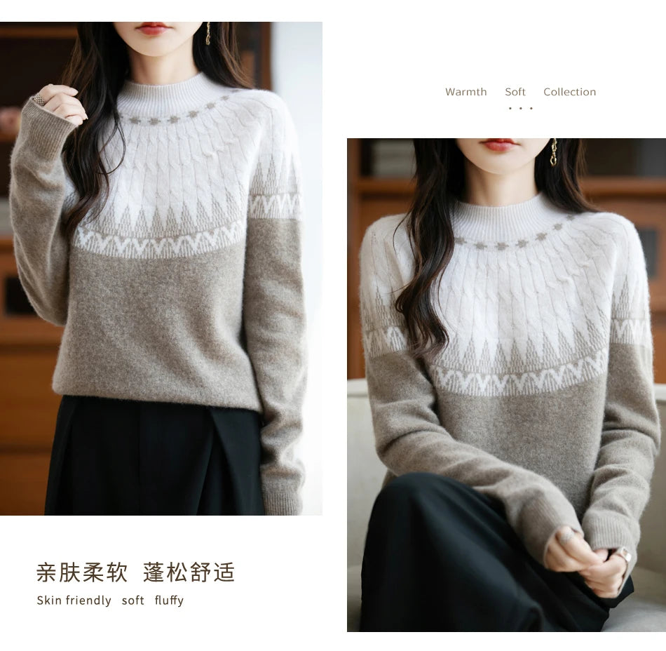 Autumn/Winter New Half High Neck Sweater 100% Wool Knitted Vintage Loose Fit Christmas Red Sweaters Chic Streetwear for Women