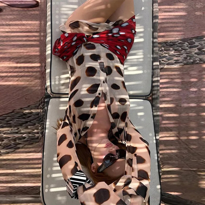 Sexy Leopard Women's Dress Full Sleeve Turn-down Collar Single Breasted Print Scarf Mini Dress 2026 Summer Chic Female Robe
