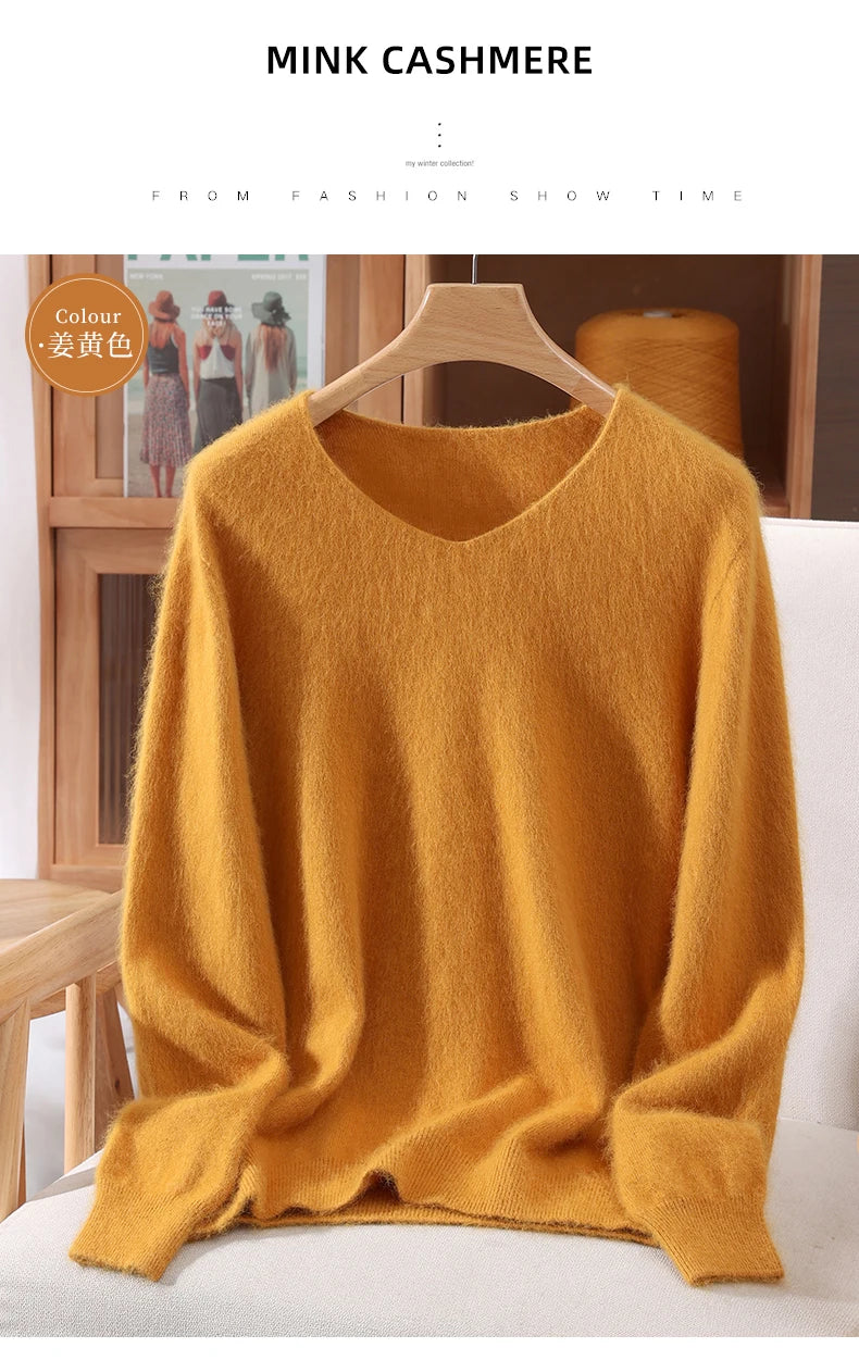 Fall/Winter New Fashion Mink Cashmere Sweater Women's Knitted V-neck Long-Sleeved Slim Bottoming Coat