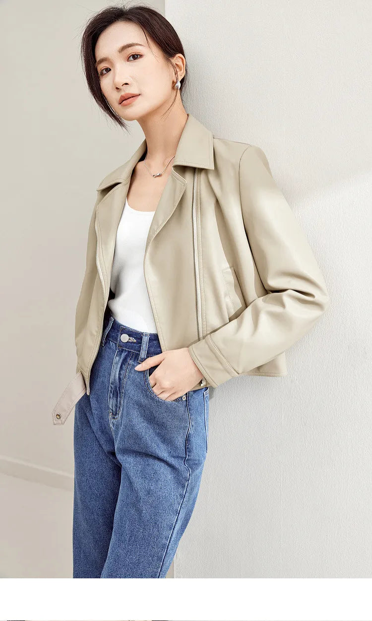 SENTUBILA Cropped Pu Leather Bomber Jacket Women 2026 Autumn Winter Vintage Lapel Zip Up Faux Leather Jacket Motorcycle Coats