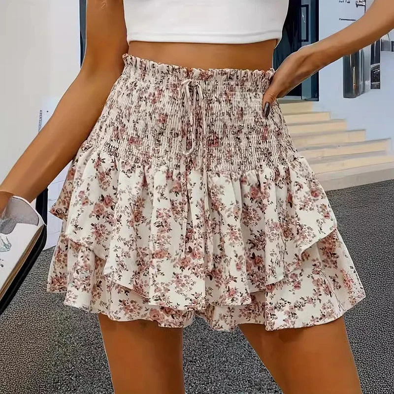 Fashion Florals Mini Skirt for Women Summer Casual Waist Shaping Ruffled Hem Short Skirt Woman Drawstring Wide Leg Half Skirts