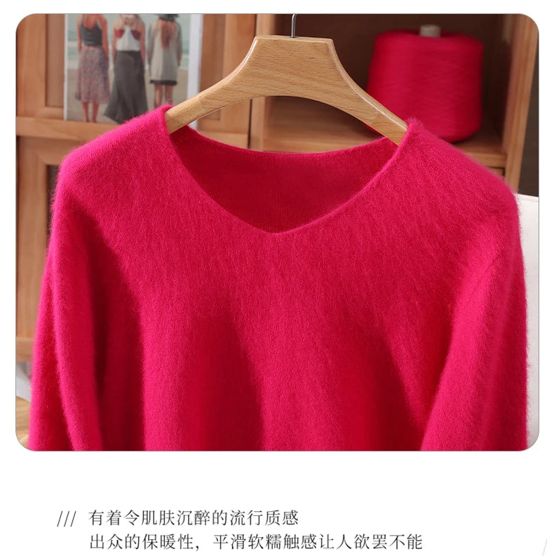Fall/Winter New Fashion Mink Cashmere Sweater Women's Knitted V-neck Long-Sleeved Slim Bottoming Coat