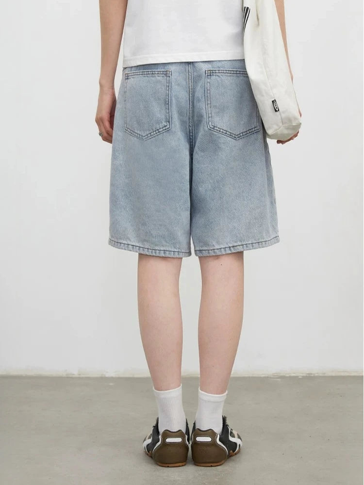 CHIC VEN Fashion Women Shorts Mid-length Blue New Dividing Line Design Retro Washed Cotton Straight Leg Short Jeans Summer 2026