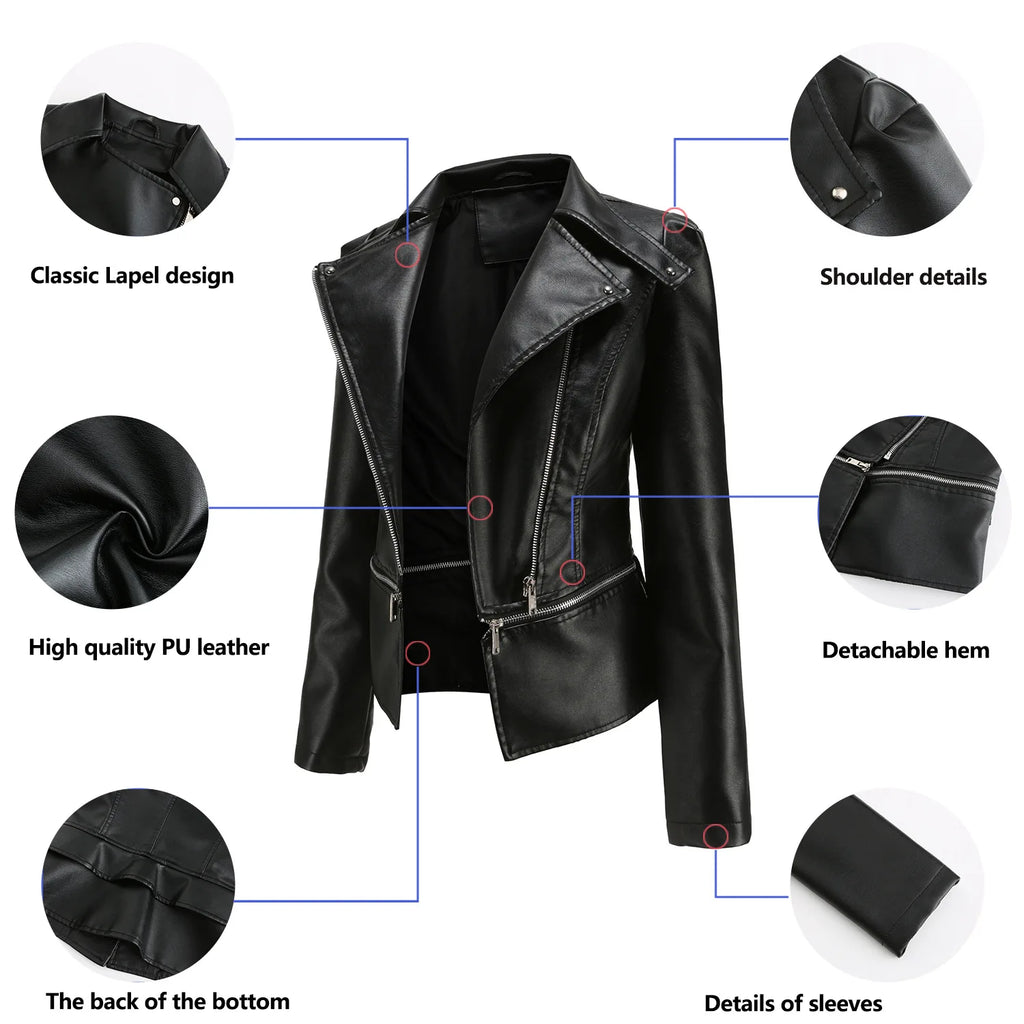 Women Faux Leather Coat Turn Down Collar Full Sleeve Jackets Zipper Casual Splice Coats Short Jacket Sexy Slim Fit Autumn