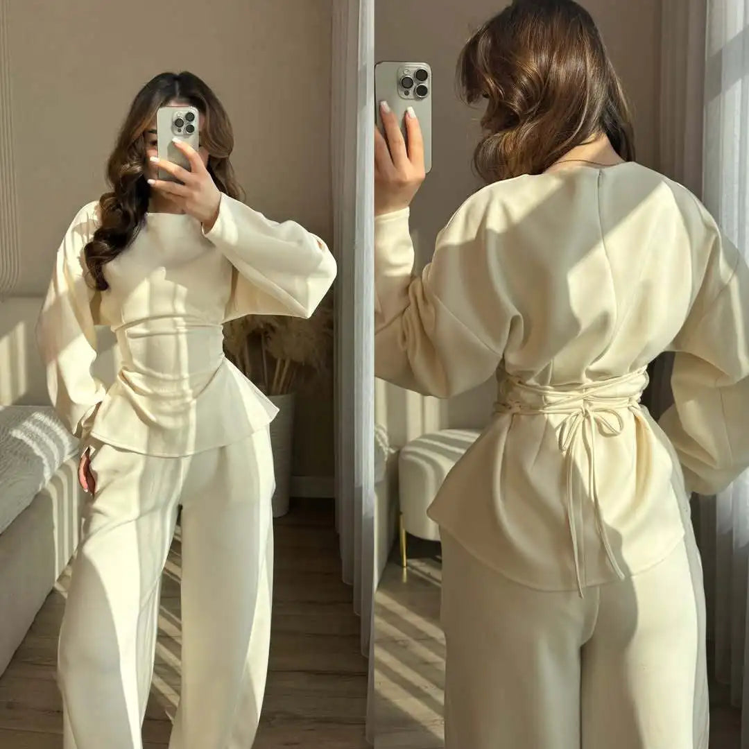 Zekye Women's Matching Sets Crew Neck Long Sleeve Simple Top Slim Trend Wide Leg Pants Set Women's Tracksuit 2026 Femme