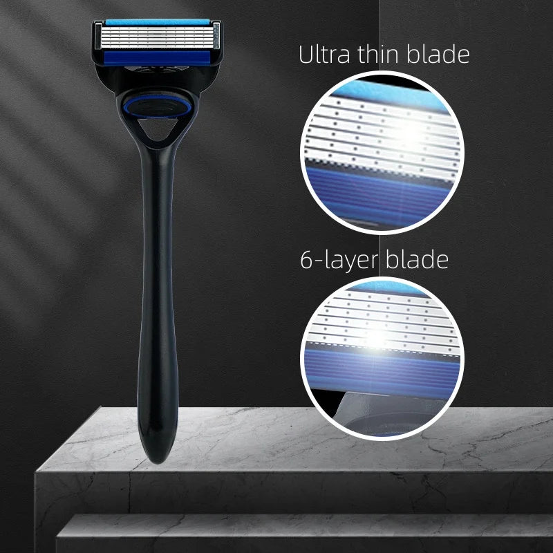 NEW Men's manual razor safety razor 6-layer stainless steel hair removal knife, replaceable razor head, razor tools.