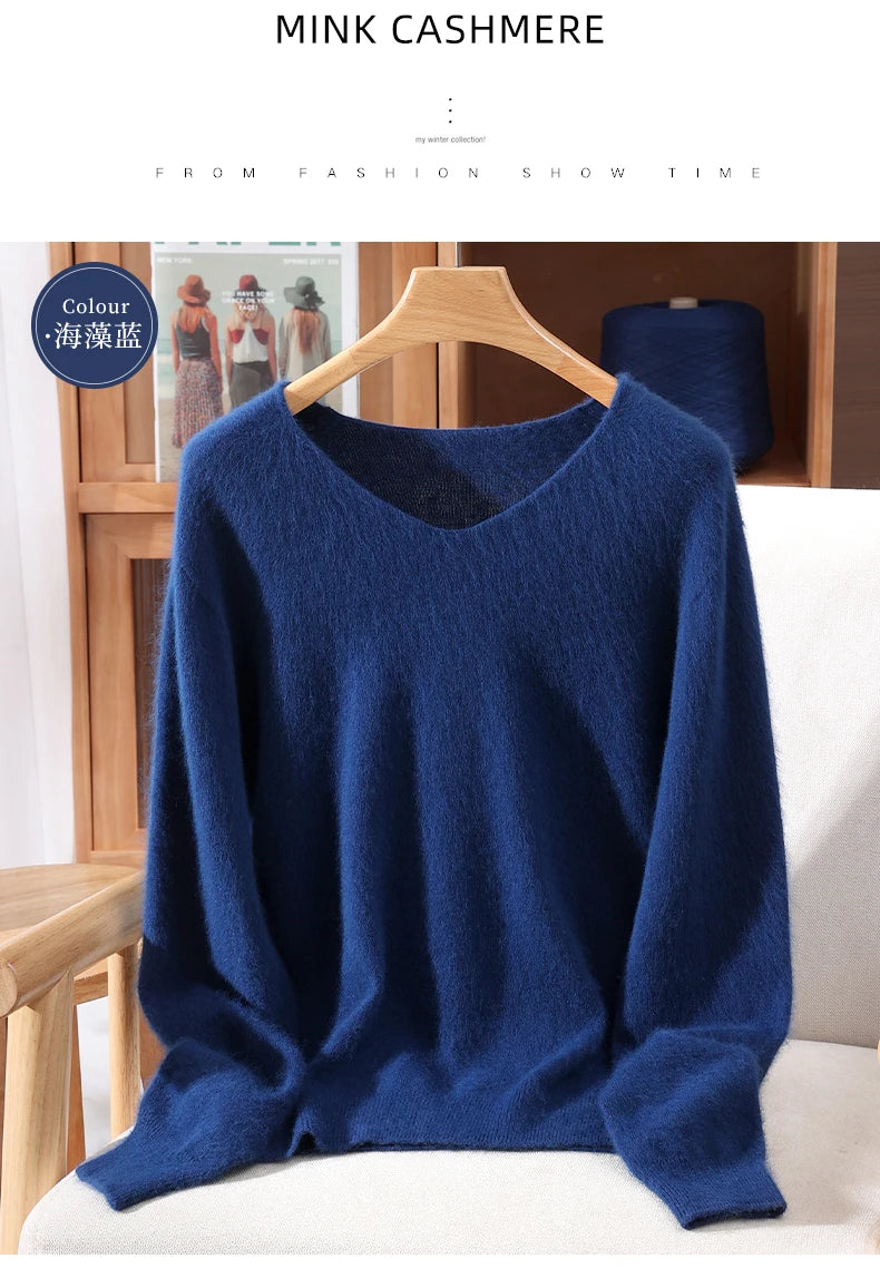 Fall/Winter New Fashion Mink Cashmere Sweater Women's Knitted V-neck Long-Sleeved Slim Bottoming Coat