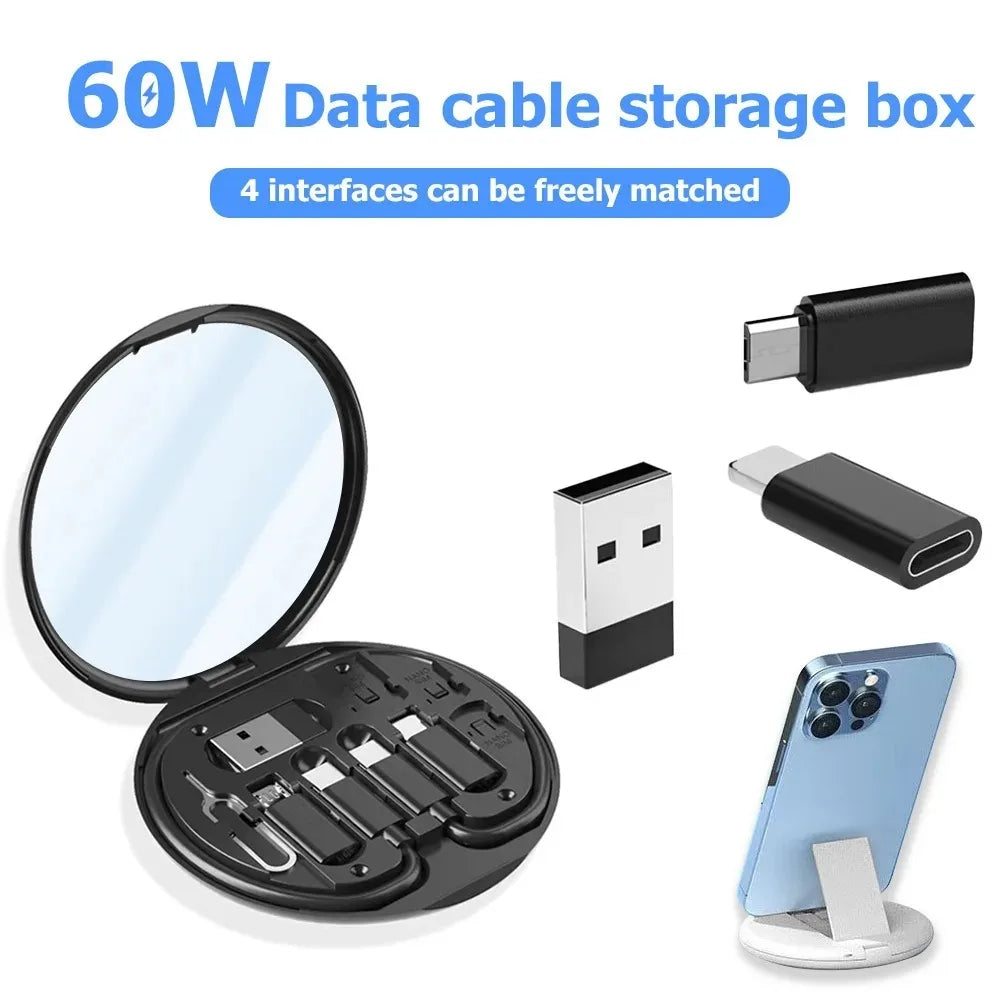 Portable Multifunctional Data Cable Storage Box, 60W Fast Charging Mobile Phone Holder, Charging Cable Set, Multi Head Conversio