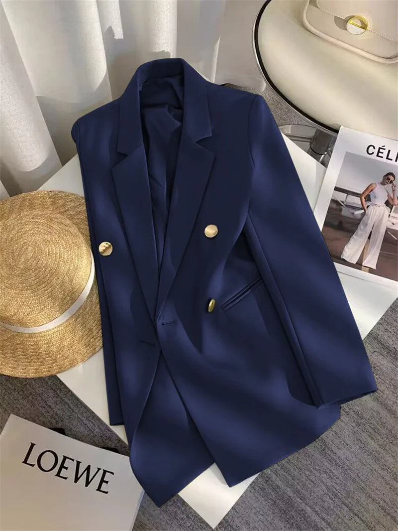 Women's Elegant Metal Buckle White Suit Jacket Casual Office Lady Blazer High-end Feel Western-style Clothes Spring Autumn 2025