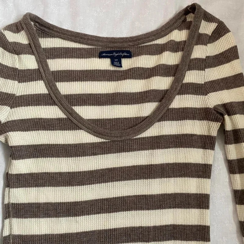 Women Y2K Harajuku Striped Tees Shirt Retro Aesthetic 90s E Girls Grunge Gothic Knitted Casual Fashion Long Sleeve Tops ﻿Street