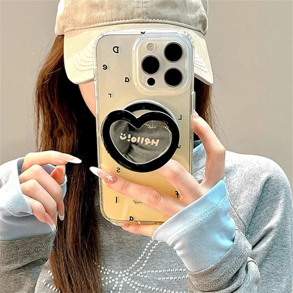 Korean Cute 3D Love Heart Makeup Mirror for Magsafe Griptok Holder Phone Finger Ring Stand Support for IPhone 17 16 Girl Bracket