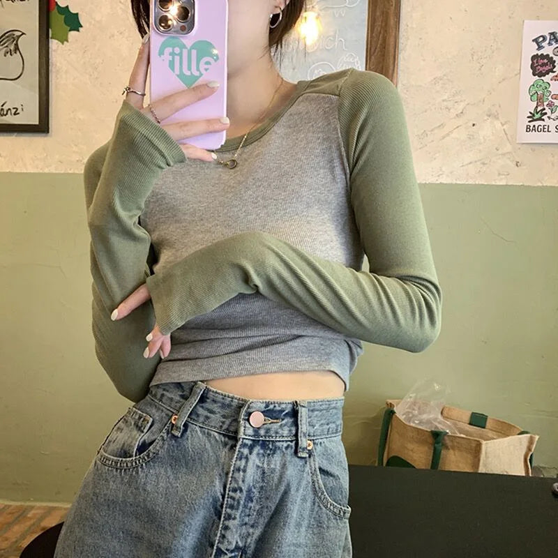 Ribbed Long Sleeve T-Shirt Women's Spring Autumn Thin Style Raglan Sleeve Slim Fit Round Neck Fashionable Underwear Top Wear