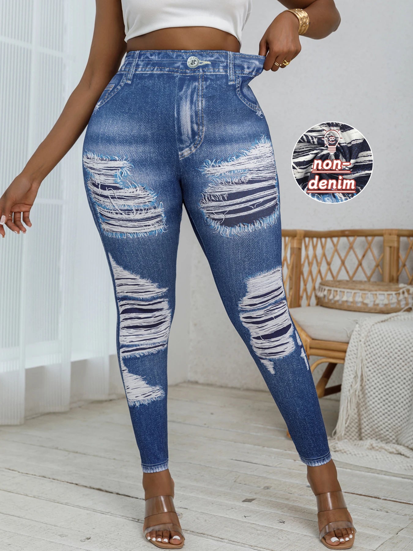 Plus-Size Women's Tight-Fitting Leggings with Faux Denim Print and Ripped Patterns, High-Elasticity Sports Pants, Comfortable, Casual, and Stylish Knit Long Pants